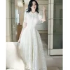 Đầm ren trắng cổ sơ mi dáng xòe